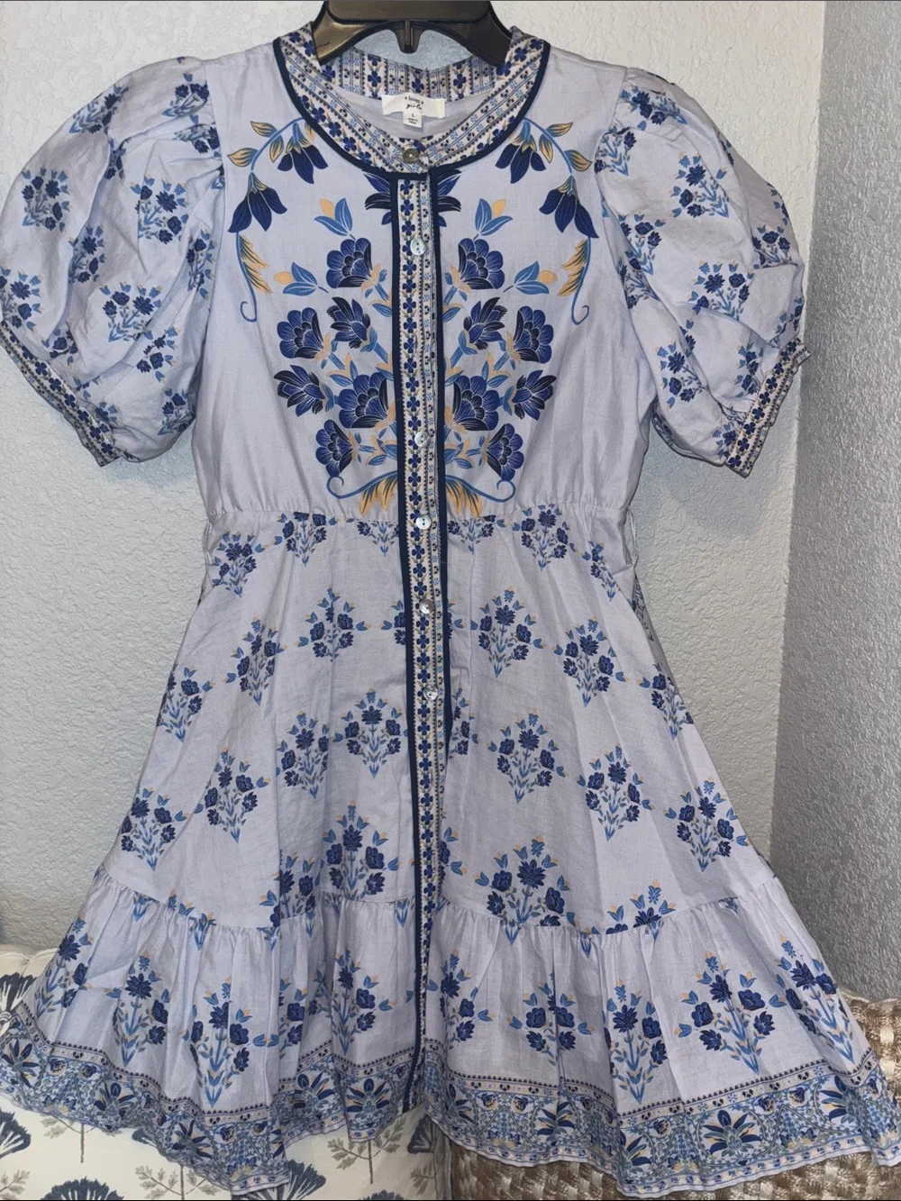 A Loves A Blue Floral Puff-Sleeve Kids Dress